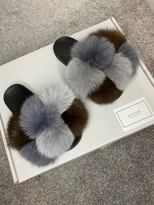 Pom Pom Multi Fur Sliders