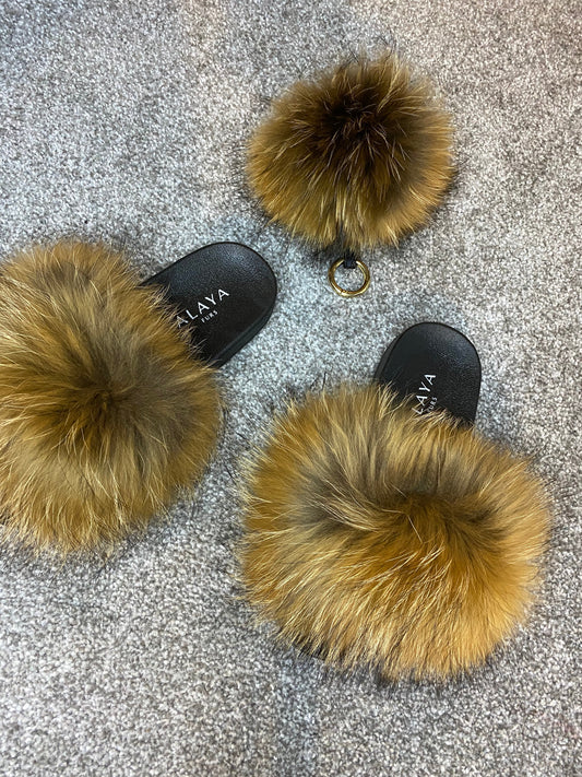 Natural Raccoon Fur Sliders